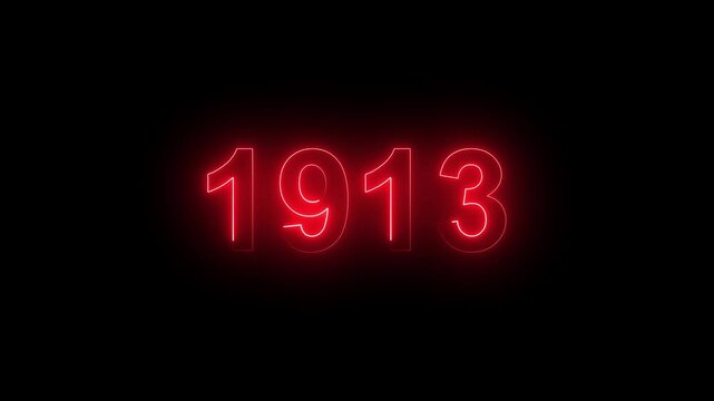 Glowing Vintage neon number 1913 glowing in dark retro style. Classic illuminated year display for historical timeline or century celebration alpha channel neon numbers.