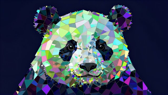 Colorful geometric panda portrait against a dark background.