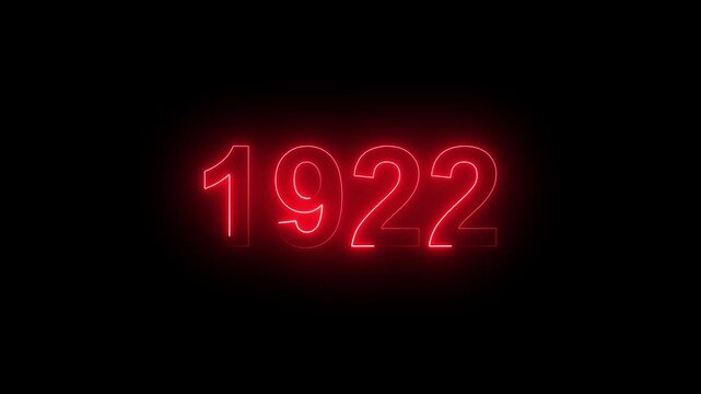 Glowing Vintage neon number 1922 glowing in dark retro style. Classic illuminated year display for historical timeline or century celebration alpha channel neon numbers.