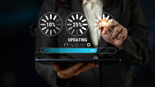 A concept of a system update and software installation. A progress bar and loading icons showing the update percentage and status. Motif