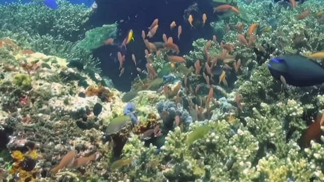 Hundreds of colorful fish shimmer and dart among a magnificent coral reef. Small orange anthias form dense schools, while a striking Moorish idol glides by.