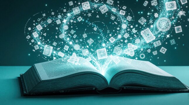Open old book releases glowing digital icons, magic particles. Abstract light swirls from pages represent knowledge, technology, future innovation. Creative ideas, data, multimedia symbols float in