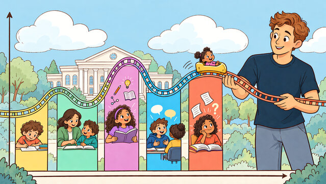 Children learn on a roller coaster journey guided by adult mentorship, Flat vector illustration depicts children learning on a roller coaster track metaphorically guided by adults. Ideal for education