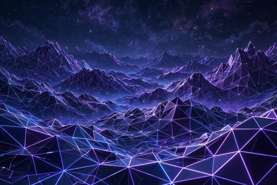 Purple low poly wireframe mountains under starry night sky