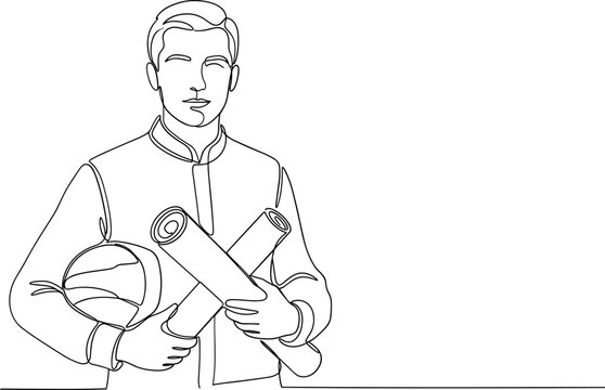Line drawing of a construction engineer holding plans and a helmet.
