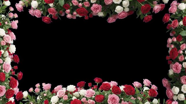 Elegant realistic 3D CGI rendering of a red, pink, and white rose floral frame border top and bottom isolated on a black background. Suitable for wedding video overlays, romantic promos, luxury brandi