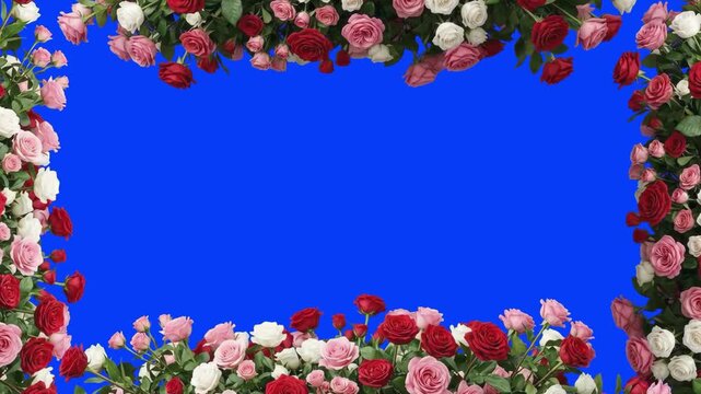 Beautiful realistic 3D CGI rendering of a red, pink, and white rose floral frame border top and bottom isolated on a blue background. Great for Valentine's Day promos, wedding invitations, anniversary