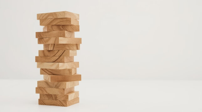 Unstable wooden block tower leaning sideways, creating playful balance challenge