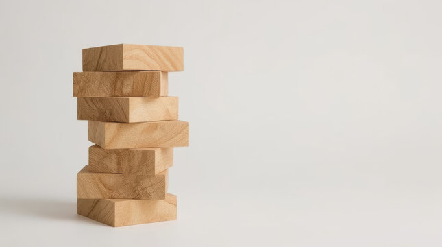Stack of wooden blocks leaning precariously against pale background