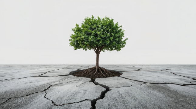 Resilient tree growing through cracked concrete evokes strength and survival in barren landscape