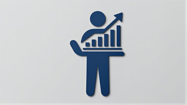 Blue icon of a person holding upward trending bar graph, symbolizing growth and success.