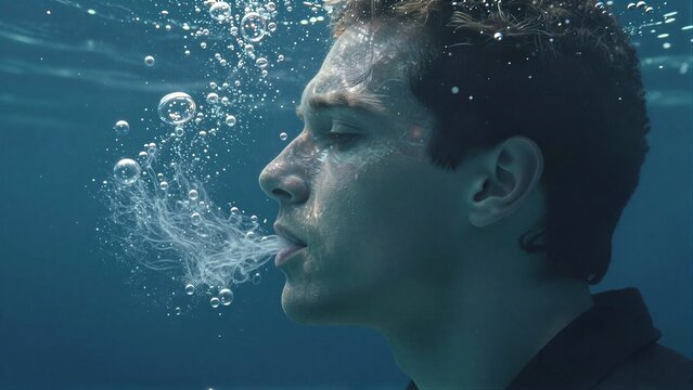 Man underwater exhaling bubbles, serene expression in deep blue ocean.
