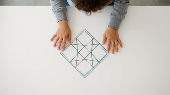 Student explores mirrored geometric shape, tracing lines with curiosity at white table