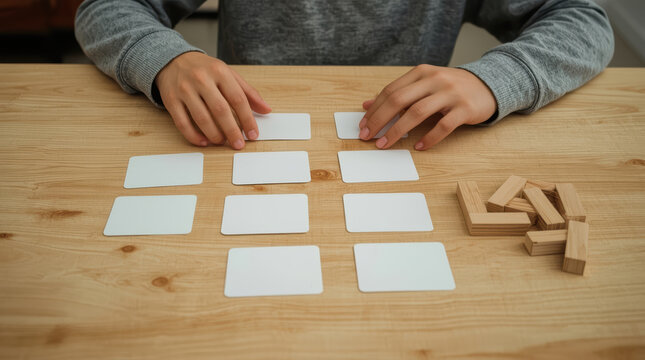 Student repeatedly solving logic puzzle with blank cards at wooden table