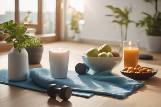 Fresh fruit bowl on wooden table with candle