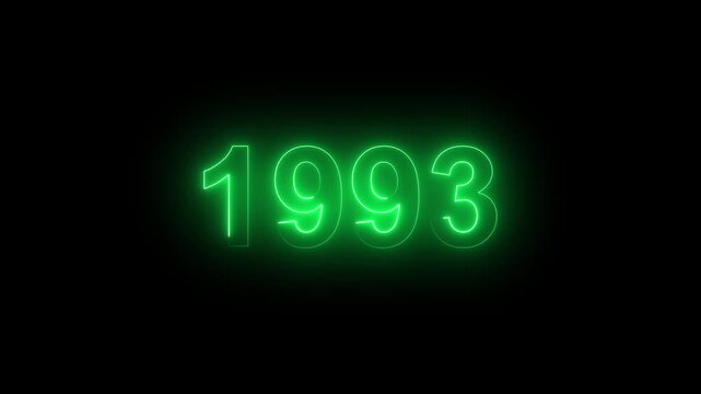 Glowing Vintage neon number 1993 glowing in dark retro style. Classic illuminated year display for historical timeline or century celebration alpha channel neon numbers.