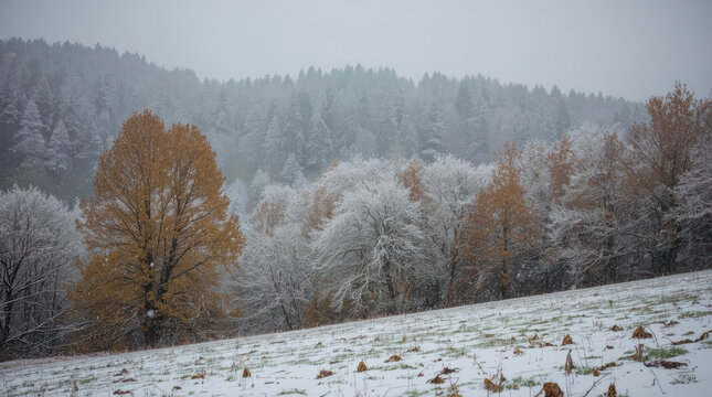 Snowy forest hillside reveals quiet autumn landscape beneath soft gray sky