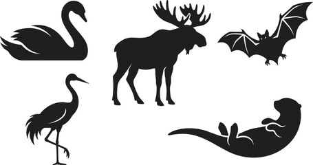 Fototapeta premium Wild animals and birds black silhouette vector icons collection featuring swan moose bat crane and otter isolated on white background