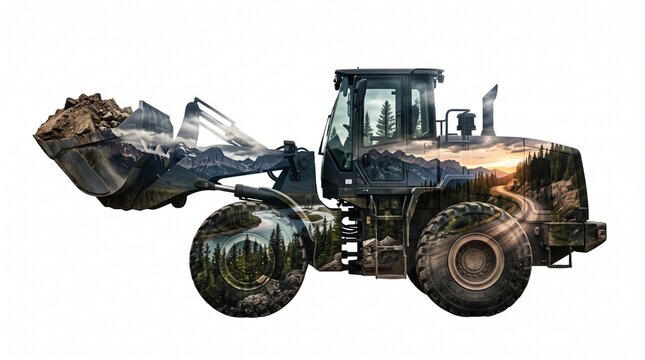 Double exposure tractor loader blending with alpine forest and mountain scenery