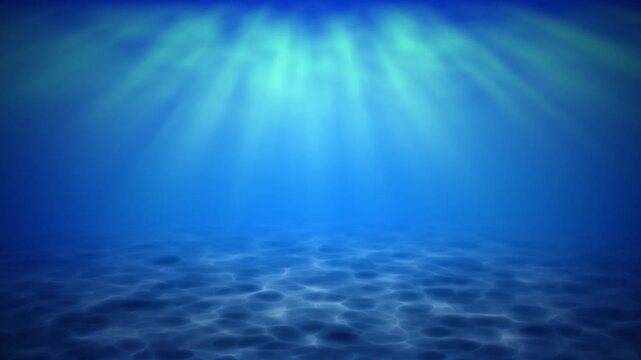 Underwater ocean scene with blue water, sun rays and caustic light patterns on the seabed, atmospheric 4K marine background animation