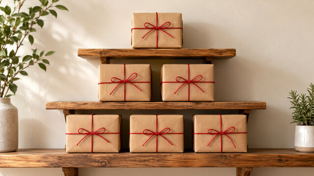 Christmas Kraft Gift Boxes with Red Twine on Wooden Shelves