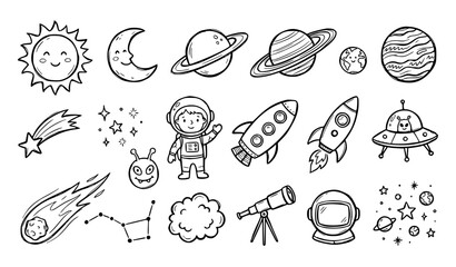 Cute Space Doodle Collection Hand Drawn Planets Moon Stars and Rocket Vector © Mijanur 