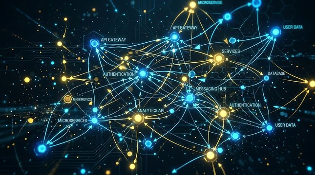 Abstract digital network connection with glowing nodes and lines representing cloud computing, big data, and microservices architecture