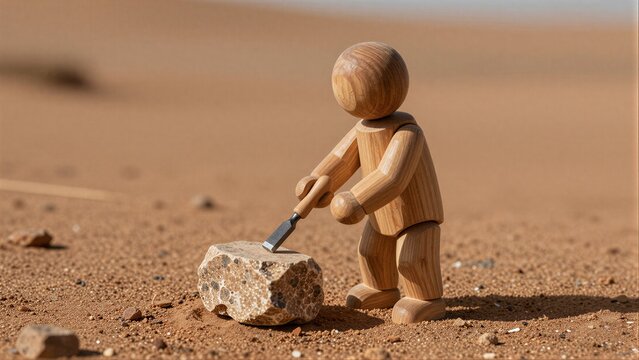 Wooden figure chisels stone in desert, symbolizing effort and perseverance.