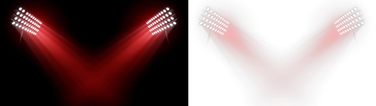 Set of bright stadium lights with red glowing rays vector illustration isolated on transparent background