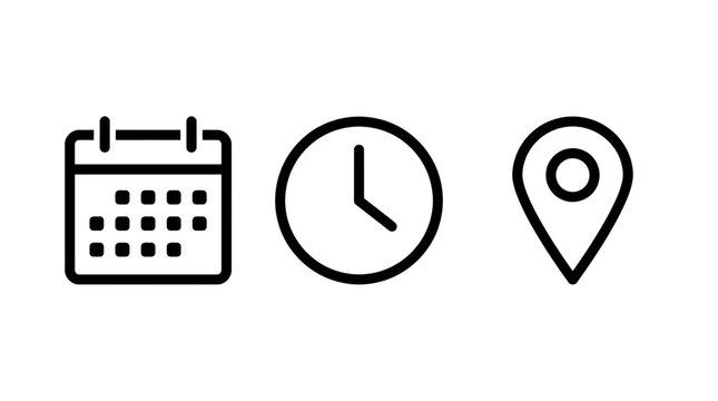 Calendar clock and location pin icons a minimalist black vector set