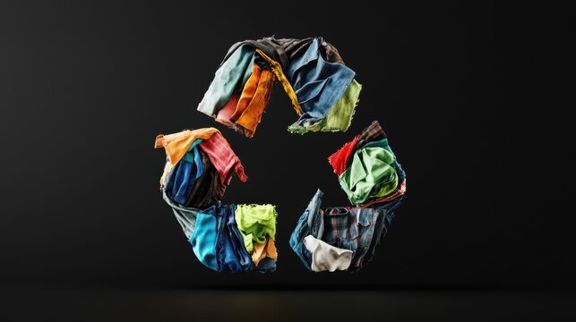 Recycle symbol formed from crumpled colorful garments