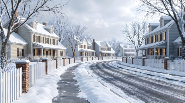 Suburban street with colonial houses, white picket fences, and snow-covered sidewalks during a winter day with bare trees and gray sky