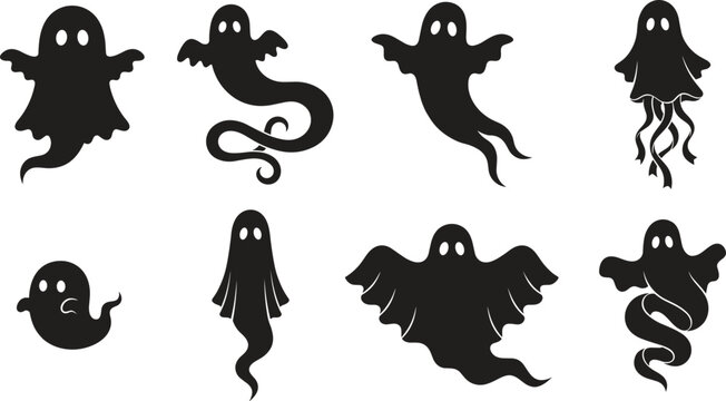 Spooky Halloween ghost silhouettes icon set featuring scary flying phantoms cute spirits and creepy ghouls for festive party graphic vector decoration design v2