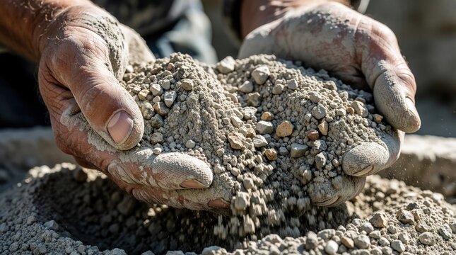 Worker hands mix portland cement powder with water, gravel. Construction mason prepares mortar mixture for building project. Close up view of dirty hands holding wet concrete aggregate during masonry