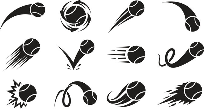 Tennis ball dynamic motion trails and fast strike black silhouette vector icons collection featuring speed movement effects isolated on white background