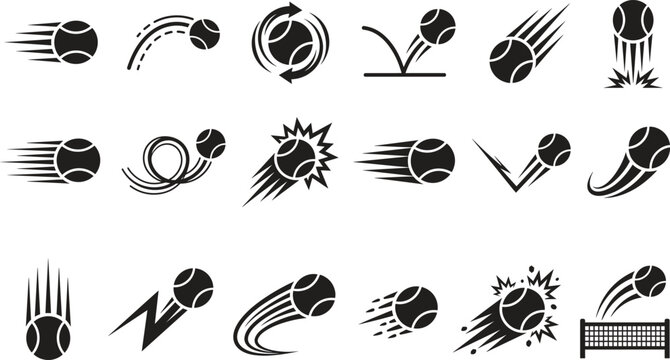 Tennis ball fast speed motion trails and match hit black silhouette vector icons collection featuring court net action effects isolated on white background
