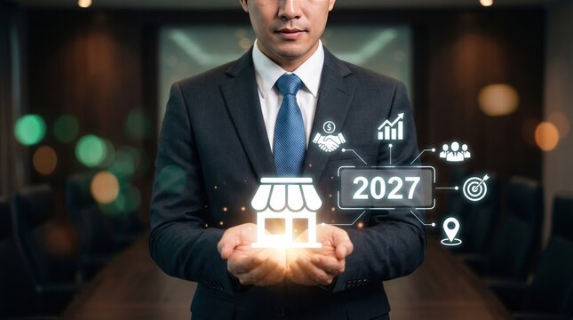 Businessman holding glowing virtual franchise store icon with modern business graphics