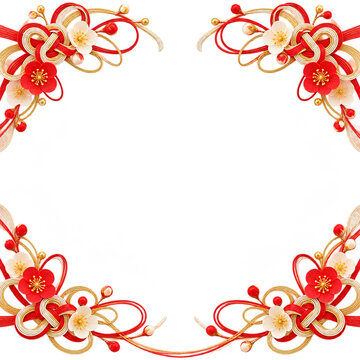 Japanese Mizuhiki Decorative Four Corner Frame with Red and Gold Knots and Plum Blossoms