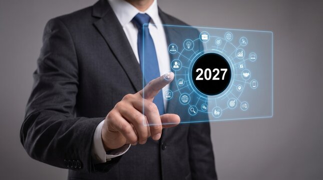 Businessman pressing futuristic interface screen displaying year twenty twenty seven