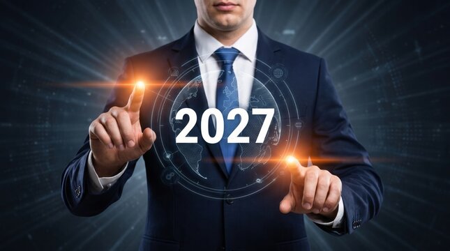 Businessman pointing at futuristic interface displaying year twenty twenty seven