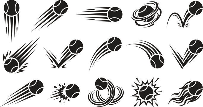Tennis ball speed motion trails and powerful hit black silhouette vector icons collection featuring dynamic movement lines isolated on white background