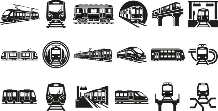 Train silhouette vector set featuring eighteen isolated black subway metro locomotives monorails and high speed transit railway icons