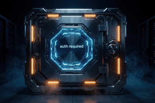 Futuristic cyber security vault with metallic door in high tech server room. Digital data container shows auth required message on glowing blue screen. Secure mainframe infrastructure protects