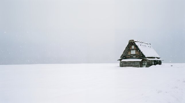 Gassho-zukuri thatched roof house covered in snow during winter in Japan