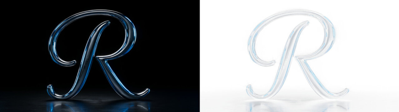 3d render of a cursive letter r in glass with reflections, on dark and light background isolated on transparent background