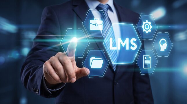 Businessman touching virtual screen with learning management system interface
