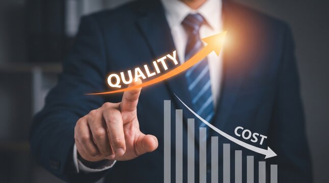 Businessman pointing at rising quality and lowering cost growth chart