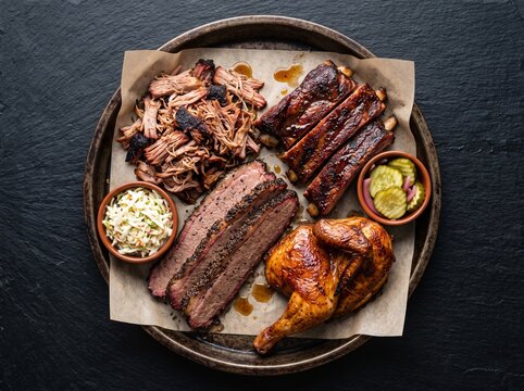 Smoked meat platter with brisket ribs pulled pork chicken and coleslaw.