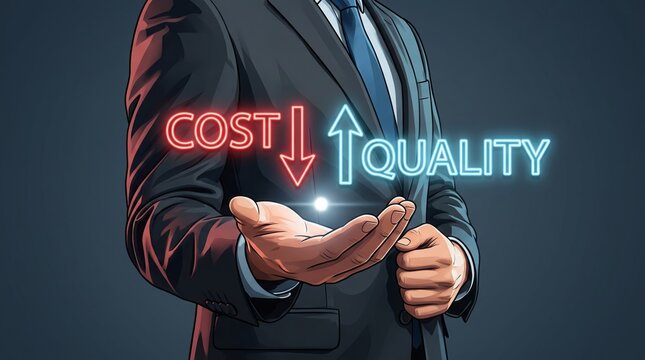Business man presenting neon cost reduction and quality increase concept
