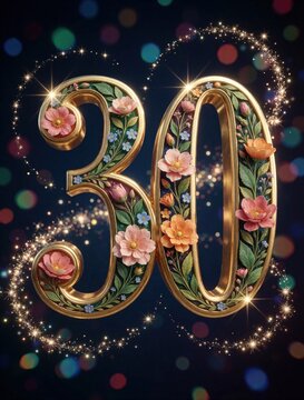 Gold number 30 with floral design, pink flowers. Elegant anniversary decoration on dark blue background with bokeh lights, sparkles. Festive celebration illustration for 30th birthday party, greeting